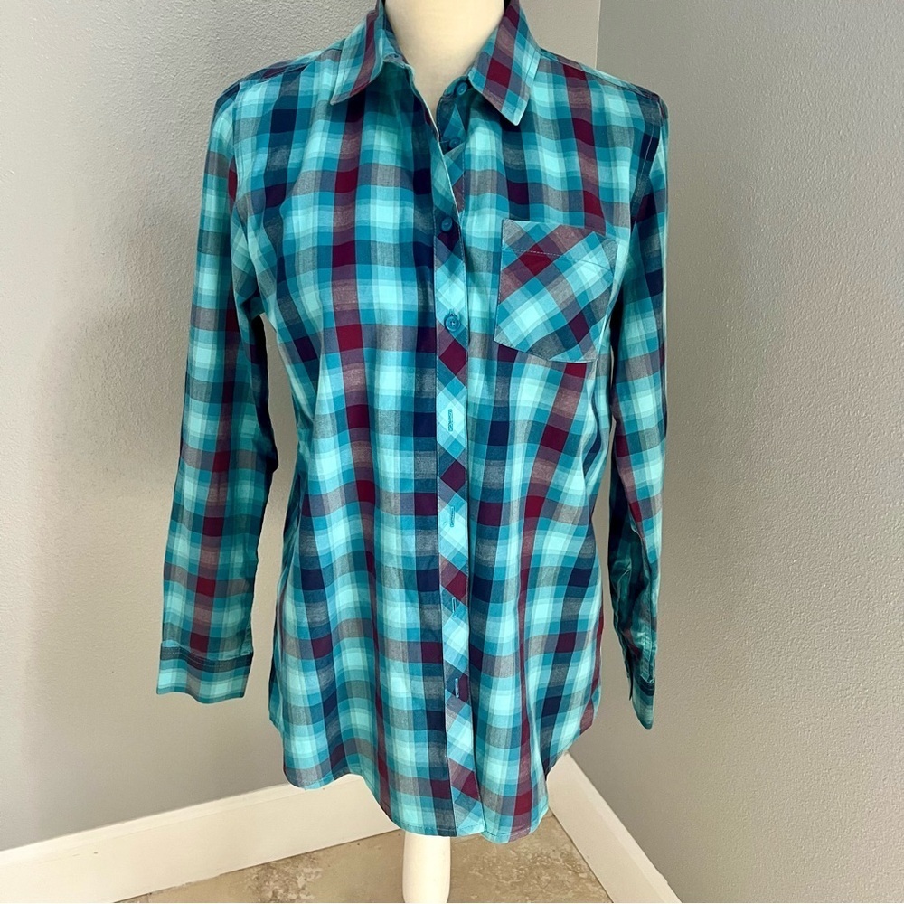 Tommy Hilfiger Blue and Burgundy Checkered Shirt Button Up Blouse